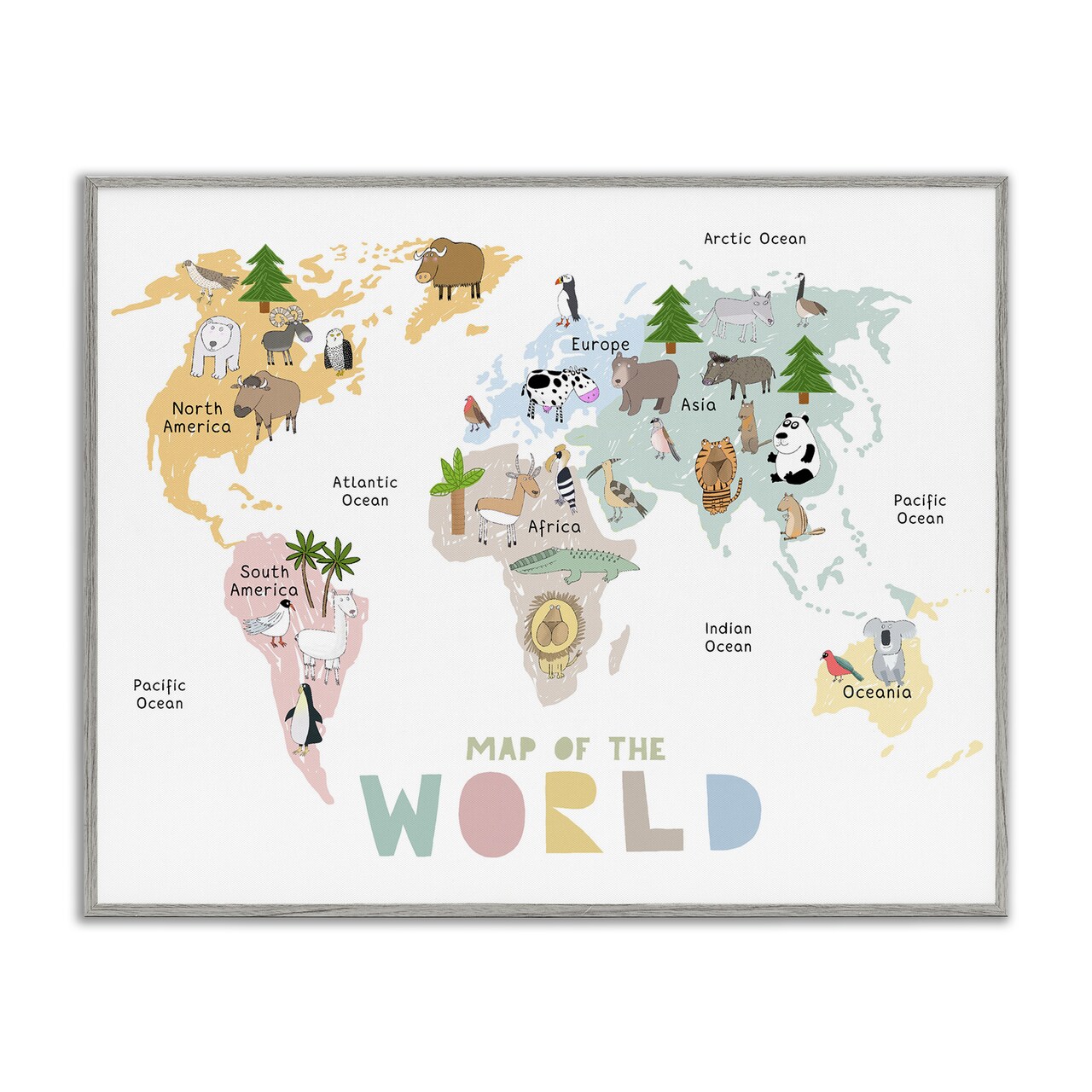 Stupell Industries Map Of World Pastel Animals Framed Giclee, design by Carla Daly